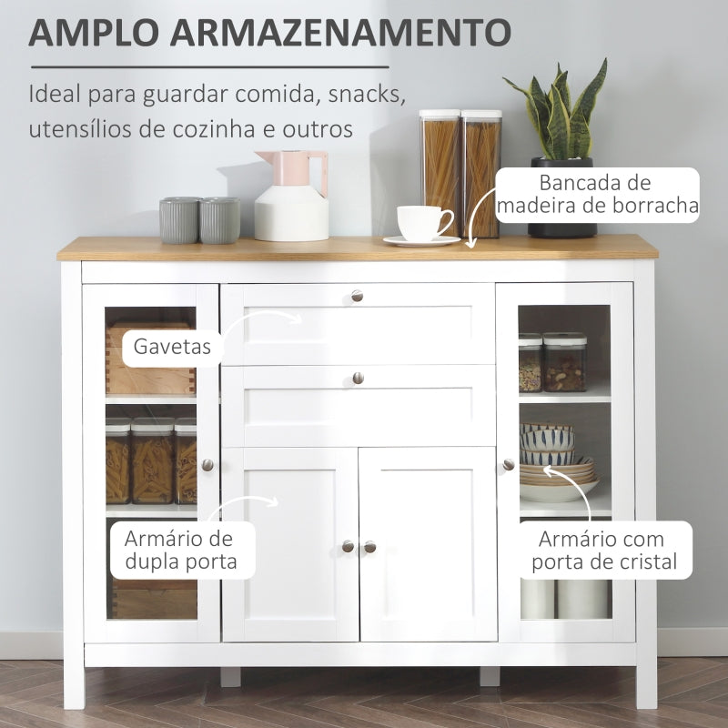 HOMCOM Aparador de Cozinha com Armário 2 Gavetas 2 Portas de Vidro e Prateleiras Ajustáveis Móvel Auxiliar de Armazenamento para Sala de Jantar Sala de Estar 120x40x90cm Branco