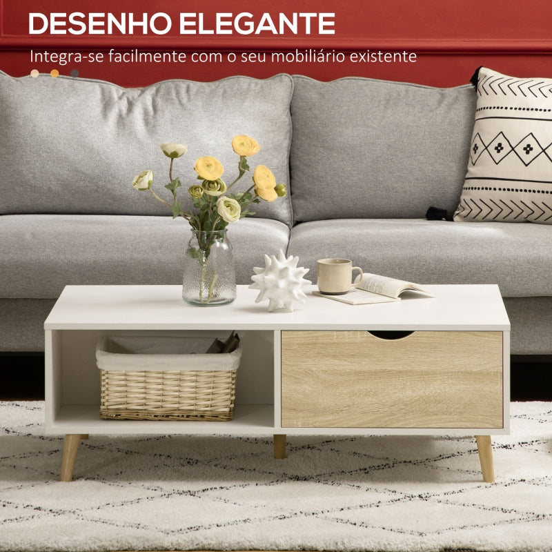 HOMCOM Mesa de Centro Retangular com 2 Gavetas e Compartimentos Abertos Estilo Nórdico 106x58x39,5cm Branco e Madeira