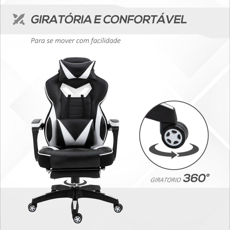 Vinsetto Cadeira de escritorio gaming ergonômica Altura ajustável Reclinável Encosto com apoio para pés 65x70x118,5-128,5 cm Branco e Preto