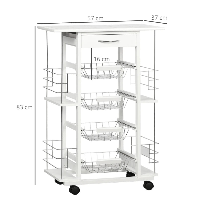 HOMCOM Carrinho de Cozinha com Rodas Gaveta 4 Cestas de Metal e 4 Suportes para Temperos Laterais 57x37x83cm Branco