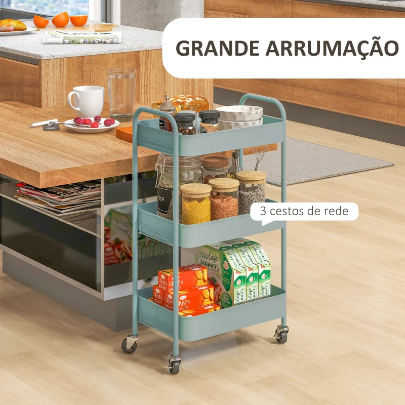 HOMCOM Carrinho Auxiliar de 3 Níveis com Rodas Carrinho de Armazenamento Deslizante para Cozinha Sala 45x30.6x79 cm Azul Claro