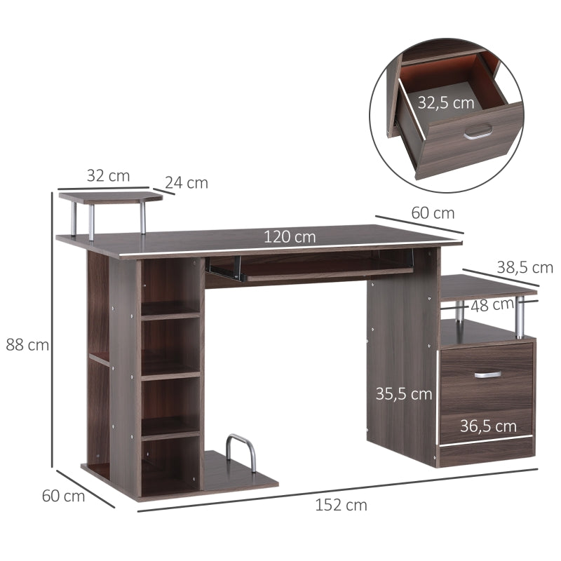 HOMCOM Mesa para Computador 120cm Secretária para Escritório com Múltiplas Prateleiras Gavetas Bandeja de Teclado Suporte para Monitor Impressora e CPU 152x60x88cm Marrom