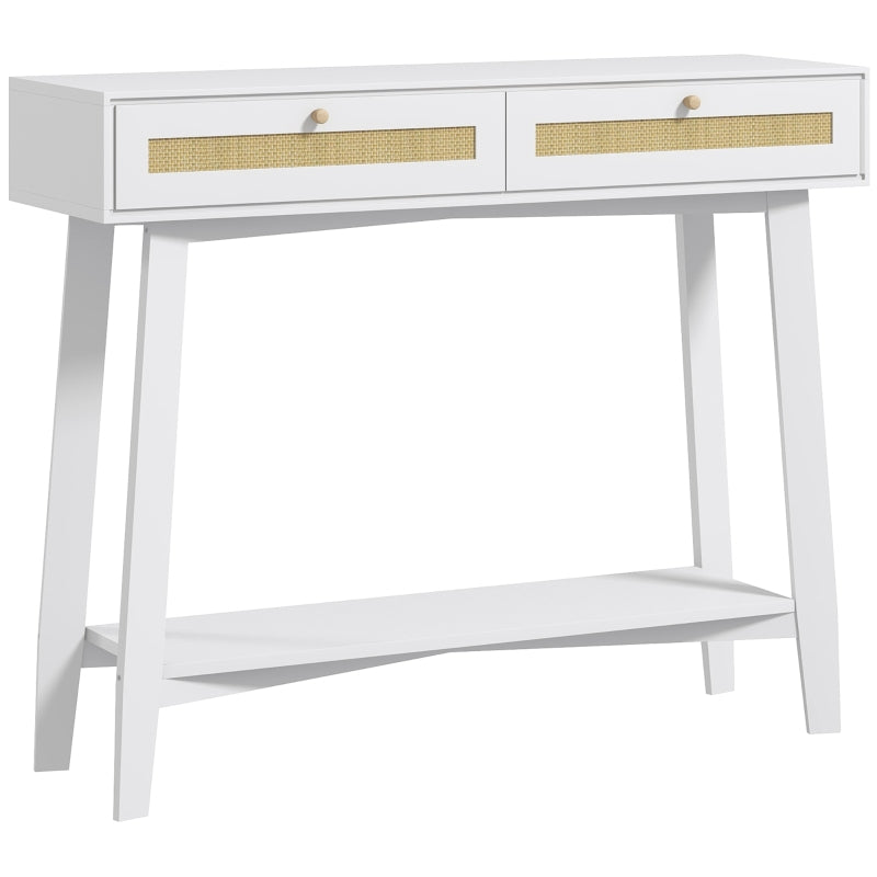 HOMCOM Mesa Consola para Entrada Mesa de Entrada com 2 Gavetas de Desenho de Vime para Sala Corredor 100x30x81 cm Branco