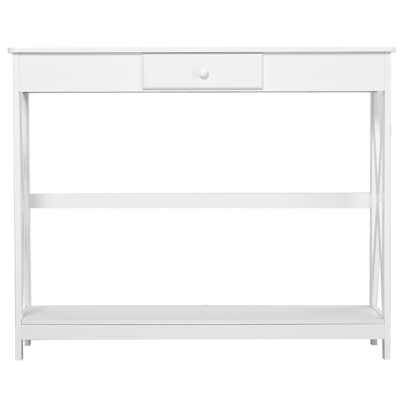 HOMCOM Mesa Consola Clássica com 1 Gaveta e 1 Prateleira de Armazenamento para a Entrada Mesa Auxiliar Sala de Estar Estilo Elegante 100x30x81cm Branco