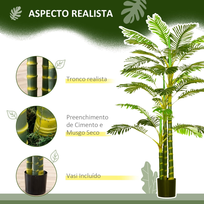 HOMCOM Planta Artificial Palmeira Areca com Vaso e 30 Folhas Decoração para Interior e Exterior Ø19,5x190 cm Verde