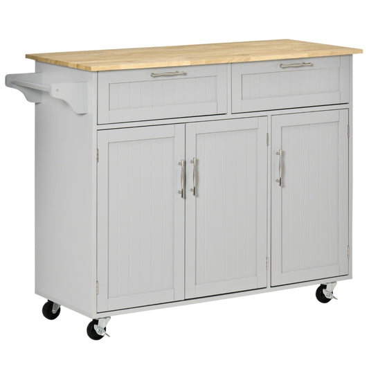 HOMCOM Carrinho de Cozinha com Rodas 2 Gavetas 3 Portas Prateleiras Ajustáveis e Barra para Sala de Jantar 121x46x91cm Cinza e Madeira