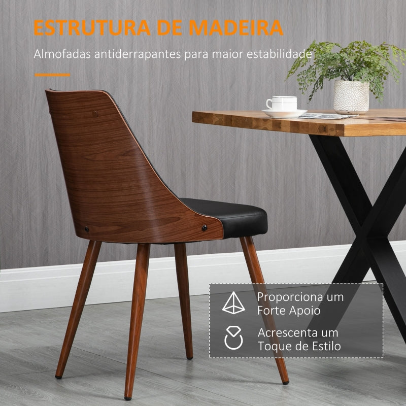 HOMCOM Conjunto de 2 Cadeiras de Sala de Jantar com Assento Estofado em PU e Pés de Madeira 50,5x59x82cm Preto e Nogueira