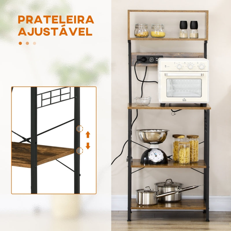 HOMCOM Estante de Cozinha Móvel Auxiliar de Cozinha com Ficha 2 Carregadores USB Ganchos e Prateleira Ajustável 60x42x153 cm Marrom Rústico