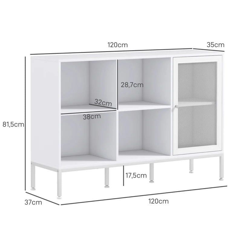 HOMCOM Aparador de Cozinha com Porta de Malha 4 Compartimentos Abertos e Estante Ajustável para Sala 120x37x81,5 cm Branco