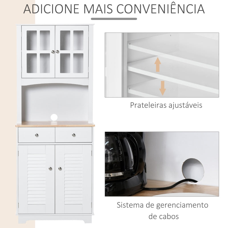 HOMCOM Armário de cozinha Armário aparador com 2 portas 2 gavetas e prateleira aberta para microondas 68x39,5x170 cm branco