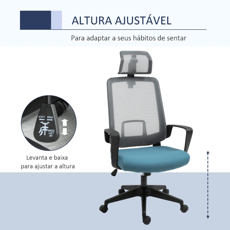 Vinsetto Cadeira de Escritório Ergonômica Giratória com Altura Ajustável Apoio para a Cabeça Apoio para os Braços e Suporte Lombar Reguláveis 63,5x63x116,5-125,5cm Azul e Cinza