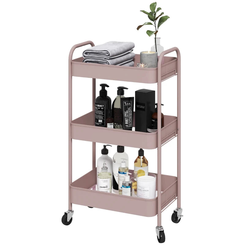 HOMCOM Carrinho Auxiliar de 3 Níveis com Rodas Carrinho de Armazenamento Deslizante para Cozinha Sala 45x30.6x79 cm Rosa