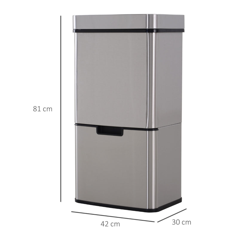 HOMCOM Balde de Lixo 72L com Abertura Automática de Aço Inoxidável e Reciclagem para Cozinha 42x30x81 cm Prata