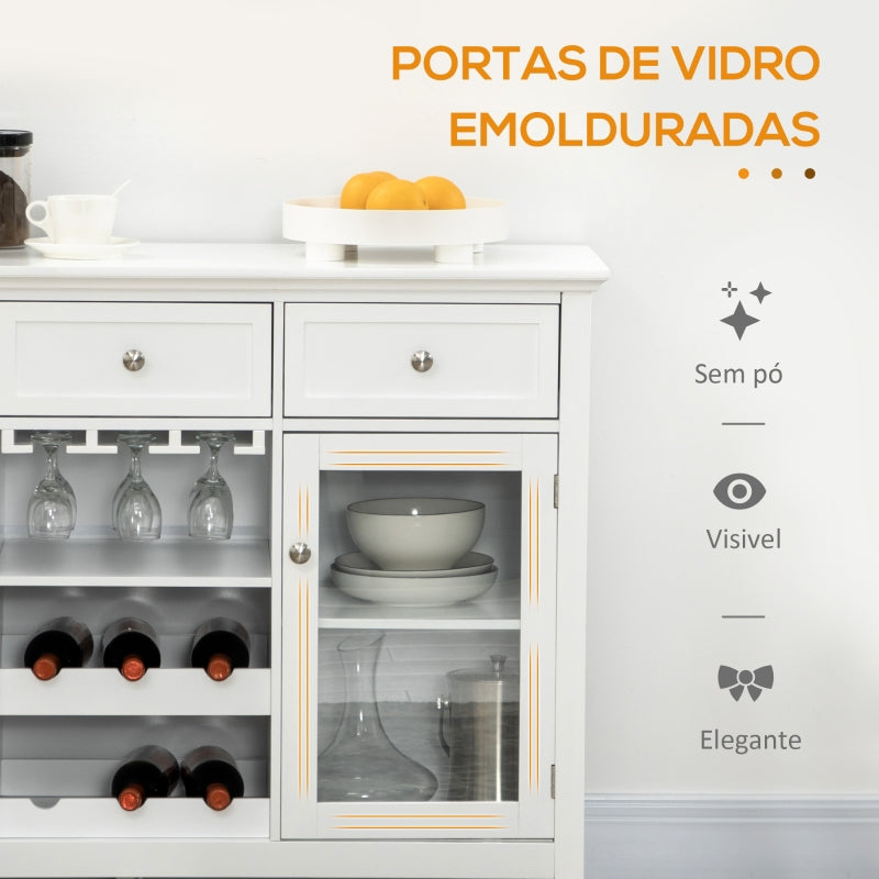 HOMCOM Aparador de Cozinha com 2 Portas de Vidro Suporte para 6 Garrafas e Suporte para 15 Taças Móvel Buffet 120x40x87cm Branco