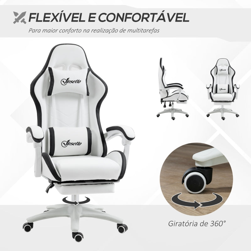 Vinsetto Cadeira Gaming de Couro PU com Altura Ajustável Reclinável 135° e Apoio para os Pés Retrátil 65x65x121-129 cm Branco e Preto