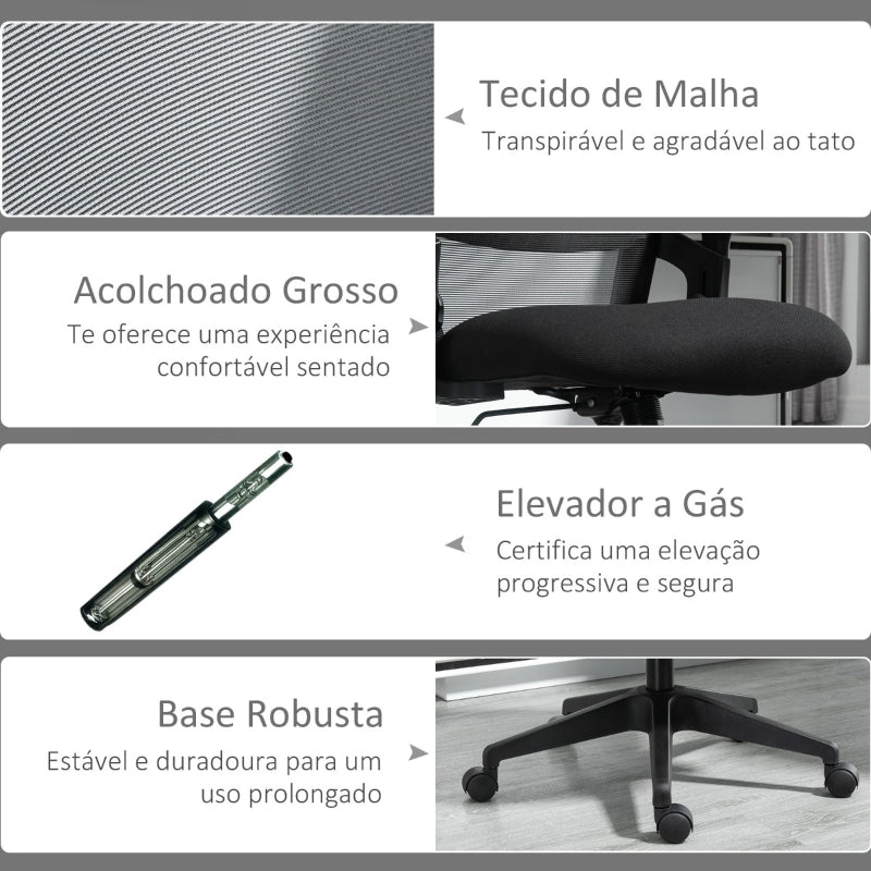 Vinsetto Cadeira de Escritório Ergonômica Giratória com Altura Ajustável Apoio para a Cabeça Suporte Lombar Reguláveis e Encosto Transpirável 63,5x64,5x113-122cm Preto