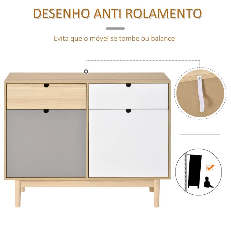 HOMCOM Aparador Auxiliar Móvel de Armazenamento com 2 Armários Fechados e 2 Gavetas Pés Elevados de Madeira de Pinho para Cozinha Dormitório Entrada 100x40x79,5cm Branco Cinza Madeira