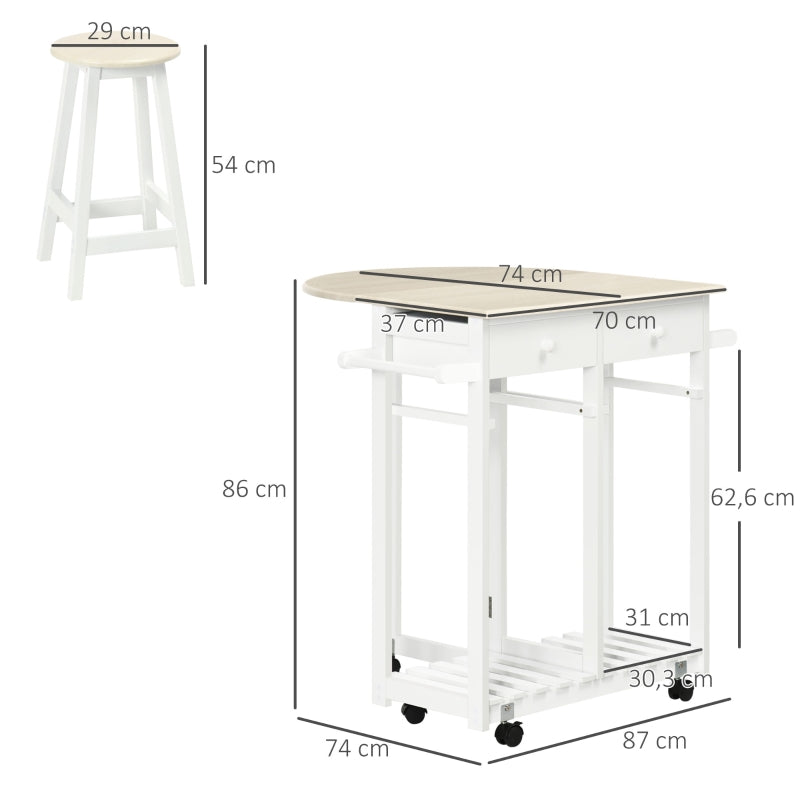 HOMCOM Conjunto de Mesa e 2 Bancos para Cozinha Mesa com Rodas Bancada Dobrável 2 Gavetas e Prateleira 87x74x86cm Carvalho e Branco