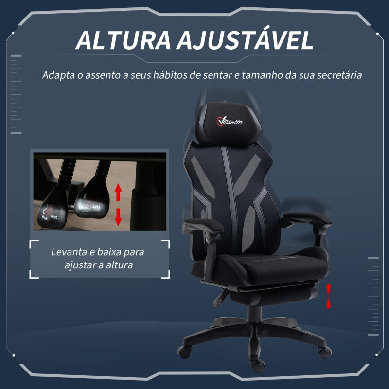 Vinsetto Cadeira de Gaming com Apoio para os Pés Retrátil Cadeira de Escritório Reclinável com Apoio para a Cabeça e Altura Ajustável 65x65x119-129cm Preto