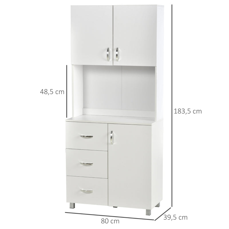 HOMCOM Armário de Armazenamento de Cozinha Armário Alto com 3 Gavetas 3 Portas e Prateleiras Interiores Ajustáveis móvel Auxiliar para Sala de Jantar Sala de Estar 80x39,5x183,5cm Branco