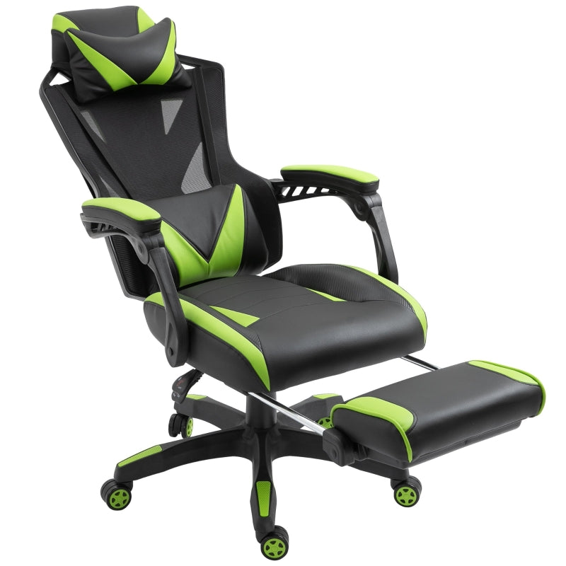 Vinsetto Cadeira Gaming Ergonómica Cadeira Gaming para Escritório com Altura Ajustável Encosto Regulável Almofada Lombar Apoio para os Pés Retráteis 65x70x117-125cm Verde