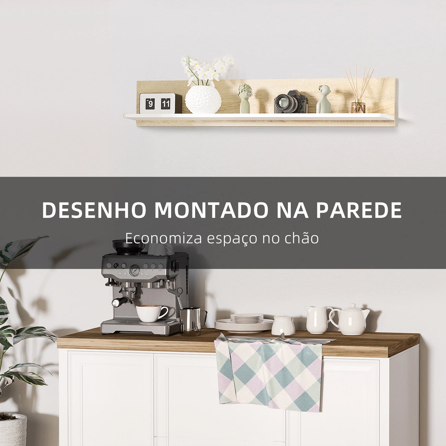 HOMCOM Estante de Parede Estante Flutuante de Madeira para Sala de Estar Dormitório Cozinha 120x15x20cm Carvalho e Branco