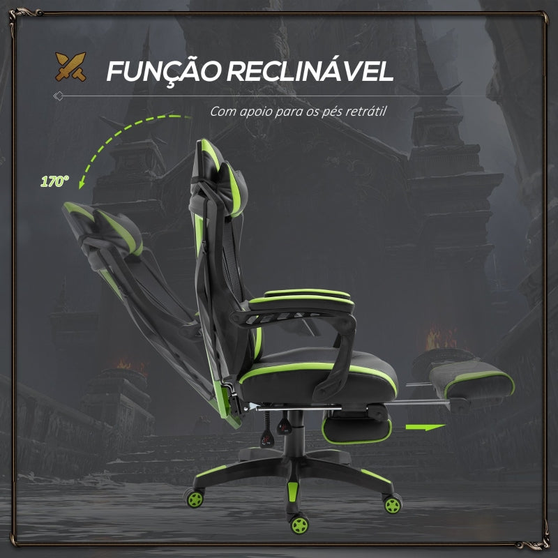 Vinsetto Cadeira Gaming Ergonómica Cadeira Gaming para Escritório com Altura Ajustável Encosto Regulável Almofada Lombar Apoio para os Pés Retráteis 65x70x117-125cm Verde