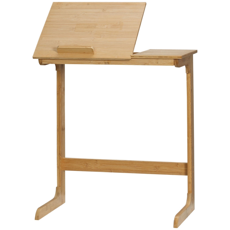 HOMCOM Mesa Auxiliar de Bambu em Forma de C com Bancada Abatível e Ângulo Ajustável 140-180° 60x33x67cm Madeira