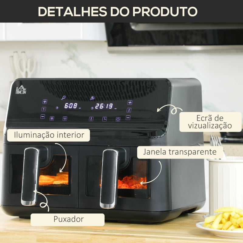 HOMCOM Fritadeira sem Óleo Dupla 8L 2500W com 8 Programas Ecrã LED Tátil Temperatura Ajustável 80-200°C Temporizador