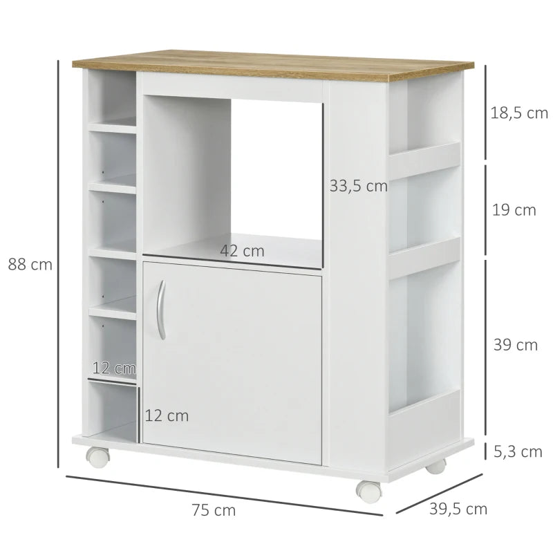 HOMCOM Móvel Auxiliar de Cozinha com Rodas com Porta Compartimentos de Armazenamento de Estilo Moderno 75x39,5x88cm Branco e Carvalho