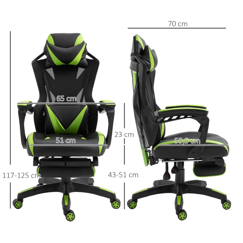 Vinsetto Cadeira Gaming Ergonómica Cadeira Gaming para Escritório com Altura Ajustável Encosto Regulável Almofada Lombar Apoio para os Pés Retráteis 65x70x117-125cm Verde