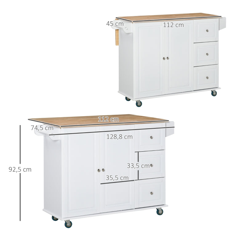 HOMCOM Ilha de Cozinha com Rodas ilha de Cozinha com Bancada Rebatível 3 Gavetas 1 Armário com Prateleira Interior Ajustável e Suporte para Temperos 128,8x75,5x92,5cm Branco e Natural