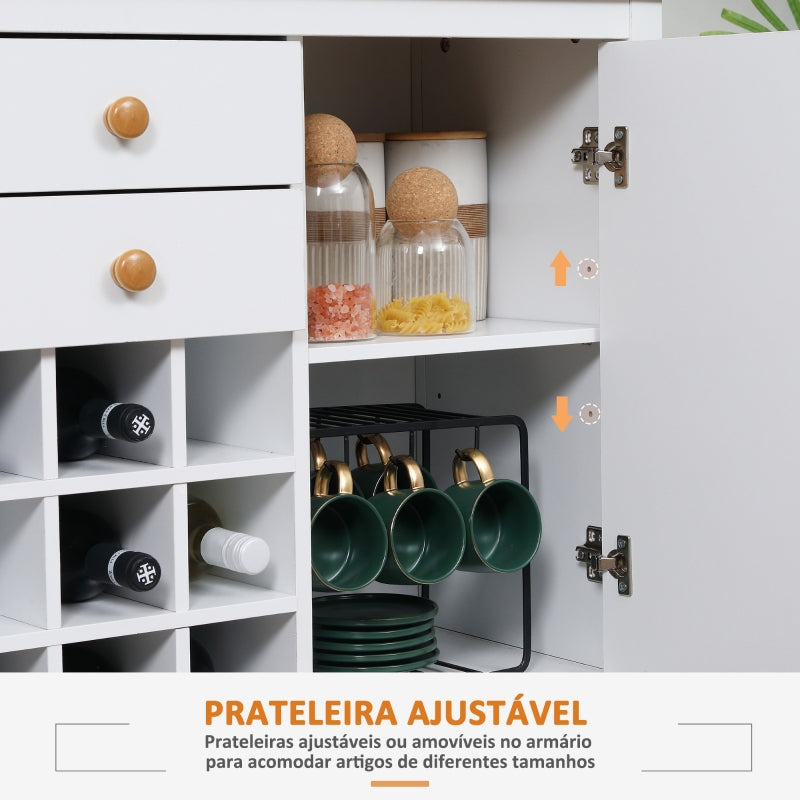 HOMCOM Aparador de Cozinha com 2 Gavetas 2 Armários com Prateleiras Ajustáveis e Suporte para 9 Garrafas 110x35x75cm Branco