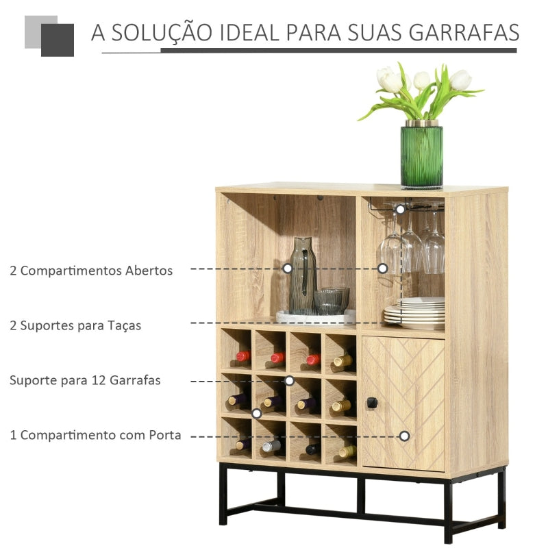 HOMCOM Aparador de Cozinha Armário com 1 Porta Prateleiras Abertas Suporte para 12 Garrafas e 6 Taças de Vinho para Sala de Jantar Bar Restaurante 76x35x97cm Madeira Natural