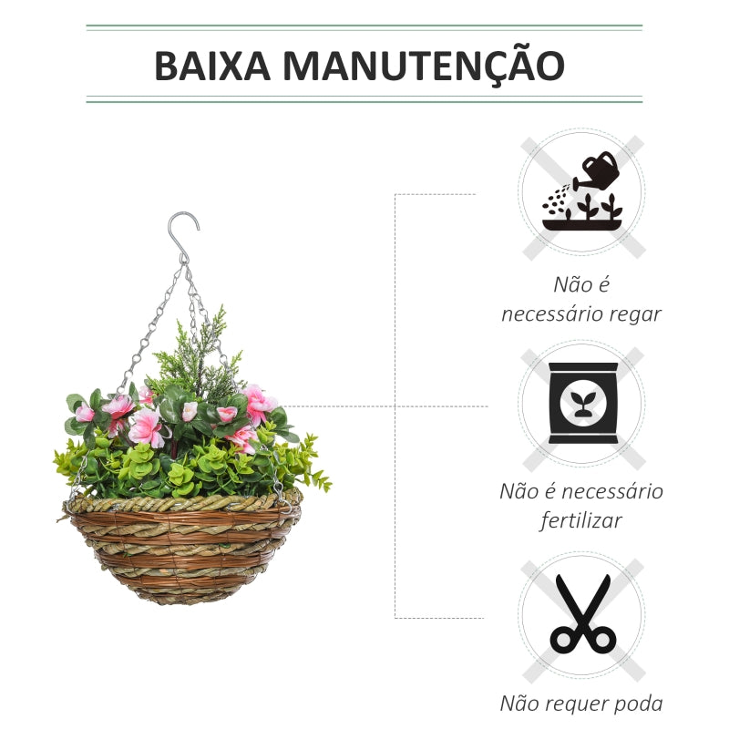 Outsunny Conjunto de 2 Plantas Lisianthus Suspensas Artificiais para Interior e Exterior com Vaso e Vime e Correia Ø25x34 cm Rosa e Verde