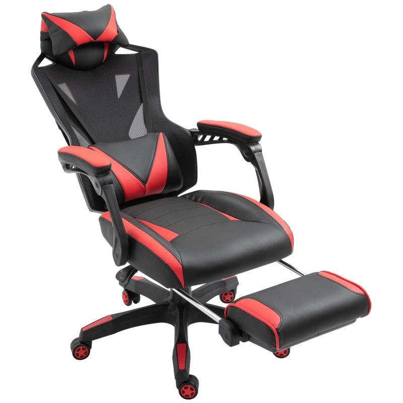 Vinsetto Cadeira Gaming Ergonómica Cadeira Gaming para Escritório com Altura Ajustável Encosto Regulável Almofada Lombar Apoio para os Pés Retráteis 65x70x117-125cm Vermelho