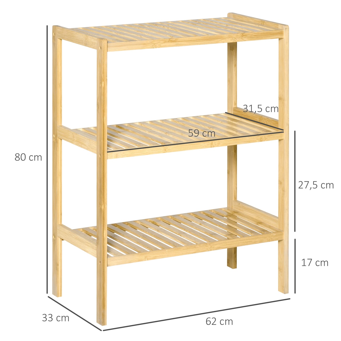 HOMCOM Estante de Bambu de 3 Níveis Móvel Organizador Multifuncional para Casa de Banho Cozinha Sala de Estar 62x33x80cm Natural