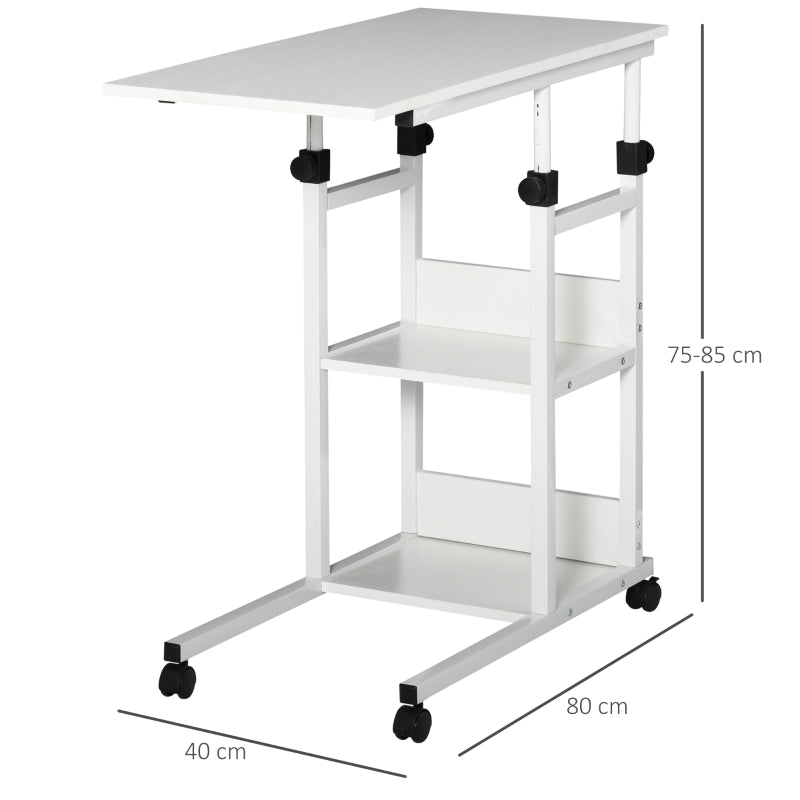 HOMCOM Mesa Lateral para Sofá Mesa lateral em Forma de C com 4 rodas Giratórias Freios Altura Ajustável 3 níveis Estrutura Metálica 80x40x72-82cm Branco