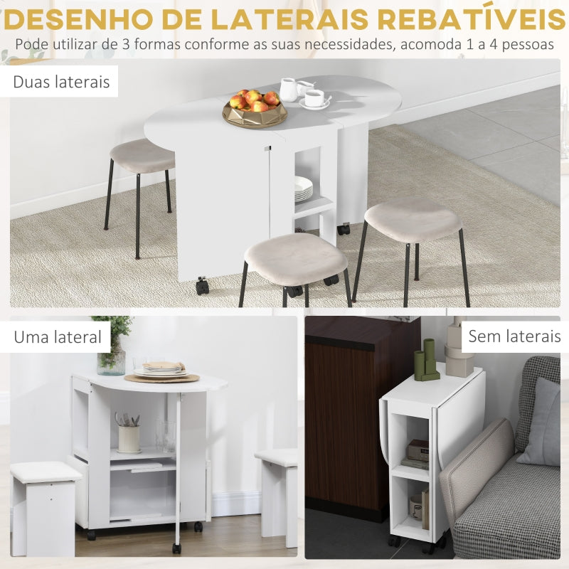 HOMCOM Mesa de Cozinha Dobrável com Rodas Laterais 120x60x77 cm Branco