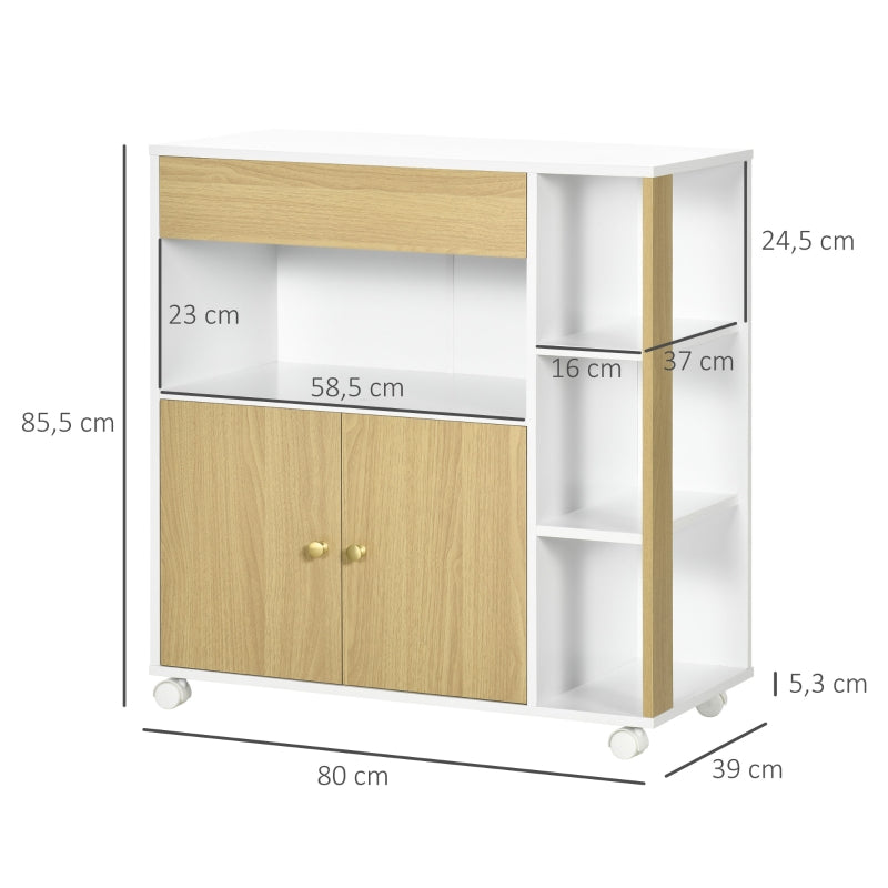 HOMCOM Carrinho de Cozinha com Rodas 2 Portas 80x39x85,5cm Carvalho e Branco