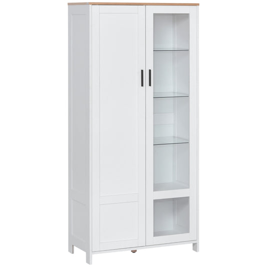 HOMCOM Armário de Cozinha com Porta de Vidro Prateleiras Ajustáveis e Pés Elevados 76x36x160 cm Branco