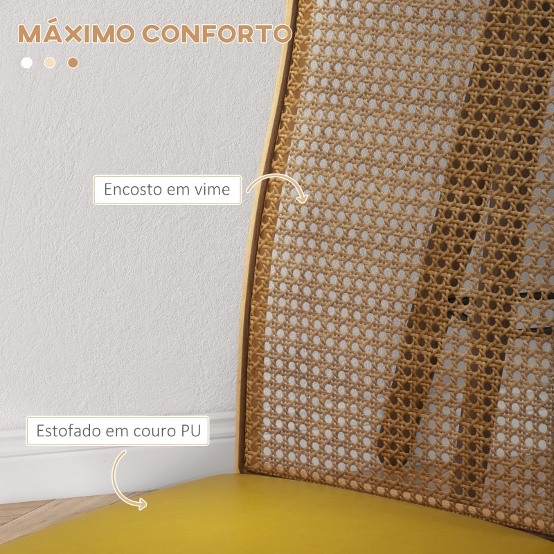 HOMCOM Conjunto de 2 Cadeiras de Sala de Jantar com Encosto em Vime PE Assento Estofado em Couro PU 40x50x97 cm Ocre