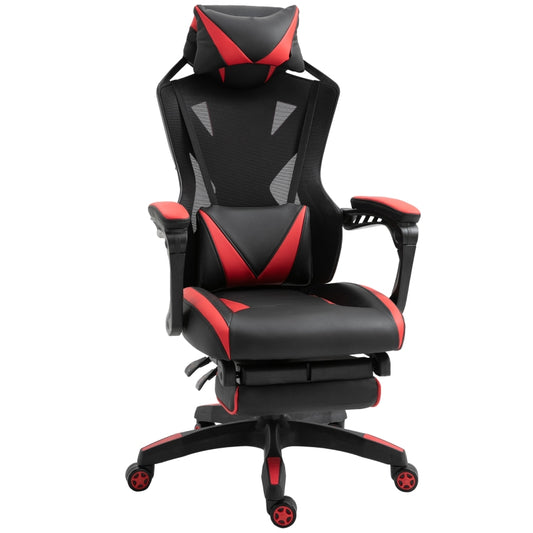 Vinsetto Cadeira Gaming Ergonómica Cadeira Gaming para Escritório com Altura Ajustável Encosto Regulável Almofada Lombar Apoio para os Pés Retráteis 65x70x117-125cm Vermelho