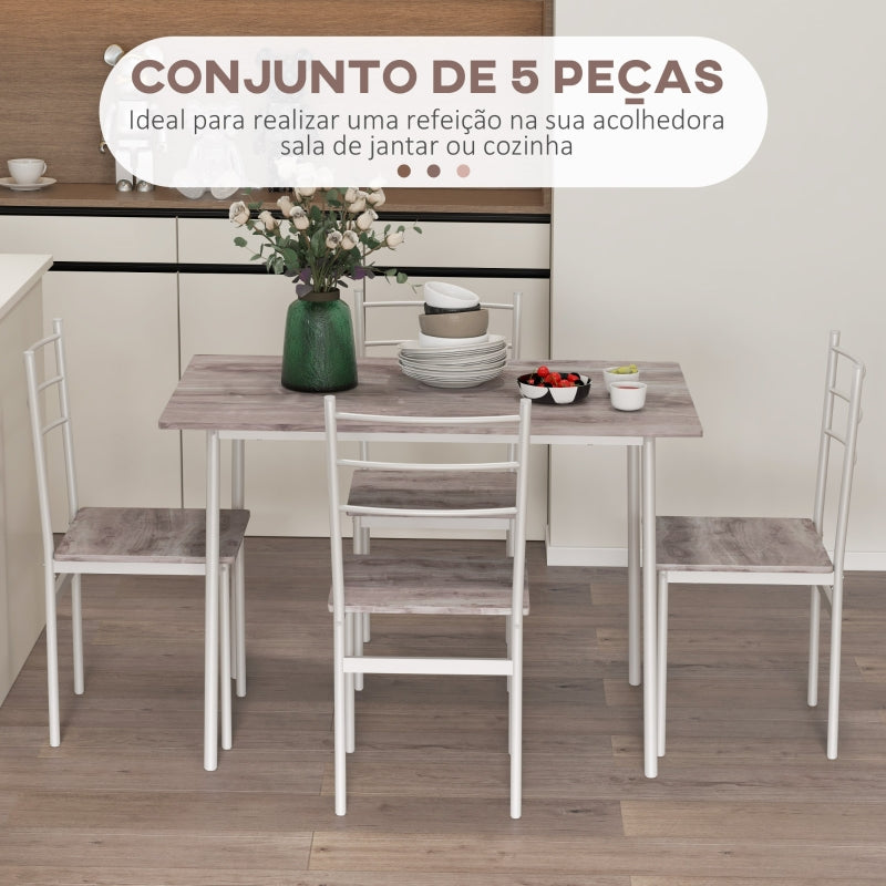 HOMCOM Conjunto de Refeição 5 Peças Conjunto de Mesa e 4 Cadeiras para 4 Pessoas com Estrutura de Aço 110x70x75 cm Madeira e Branco