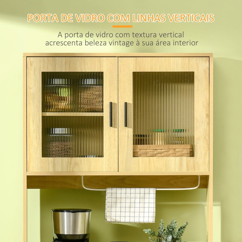 HOMCOM Armário para Cozinha com 1 Gaveta 4 Portas de Vidro Barra para Pendurar e Pés Elevados 80x40x184,5cm Madeira