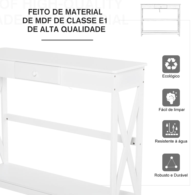 HOMCOM Mesa Consola Clássica com 1 Gaveta e 1 Prateleira de Armazenamento para a Entrada Mesa Auxiliar Sala de Estar Estilo Elegante 100x30x81cm Branco