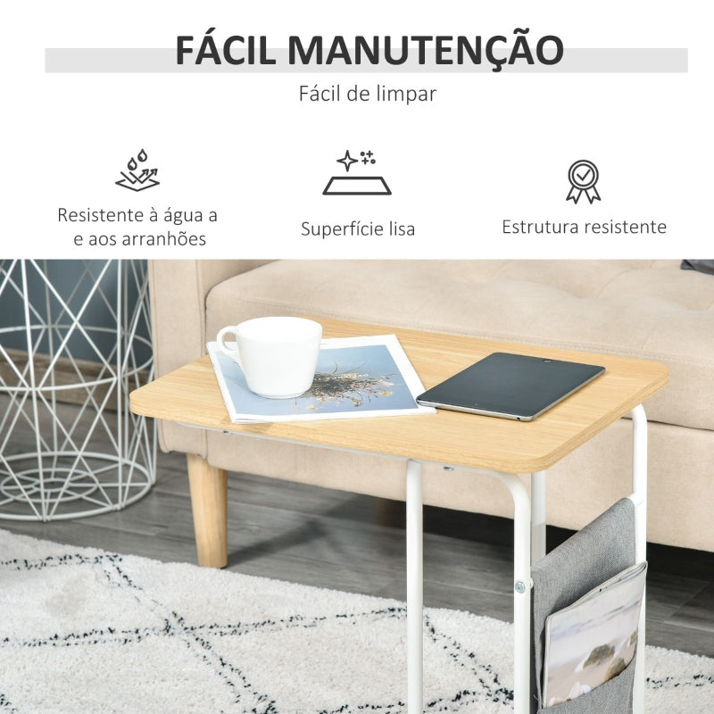 HOMCOM Mesa Auxiliar de Sofá em Forma de C com Bolsa de Armazenamento Removível Mesa Lateral para Sala de Estar Dormitório Escritório 37x48x55,8cm Carvalho e Branco