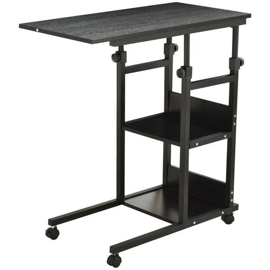 HOMCOM Mesa Lateral para Sofá Mesa lateral em Forma de C com 4 rodas Giratórias Freios Altura Ajustável 3 níveis Estrutura Metálica 80x40x72-82cm Preto