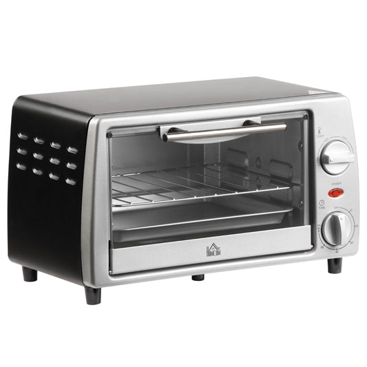 HOMCOM Mini Forno Elétrico de 10 Litros 750W com Temperatura até 230 °C Temporizador 60 Minutos Bandeja e Grade 36,5x26x22cm Preto e Prata