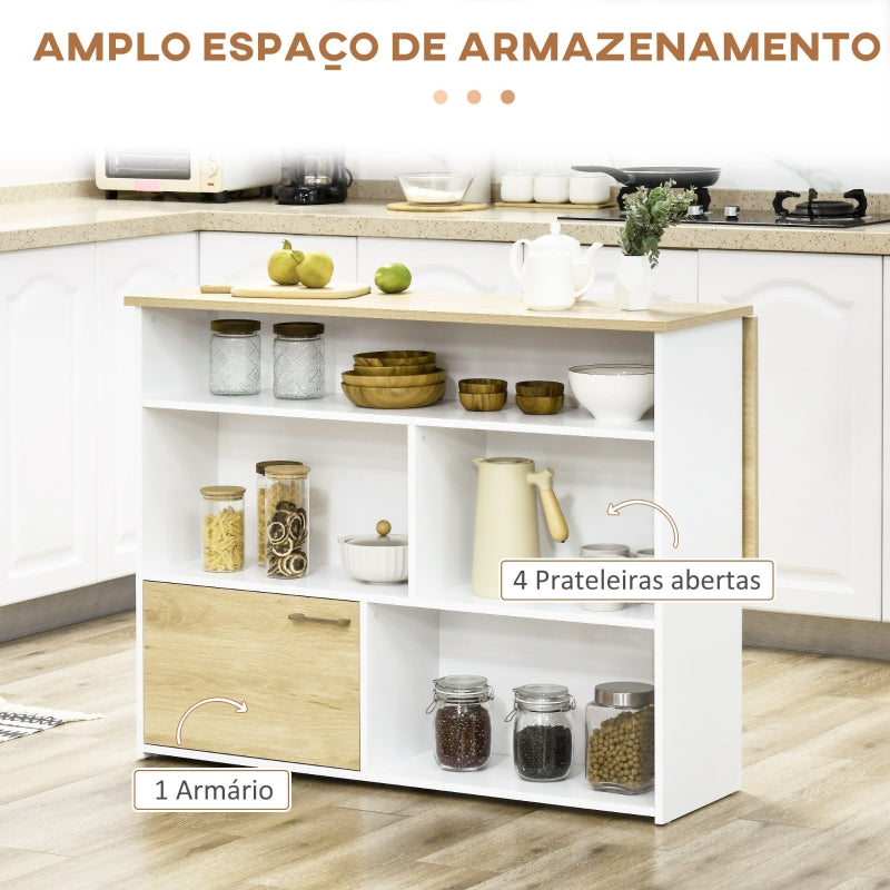 HOMCOM Mesa Alta Extensível com Lateral Dobrável Mesa de Bar com Compartimentos de Armazenamento e 1 Armário 116x79,5x91 cm Branco